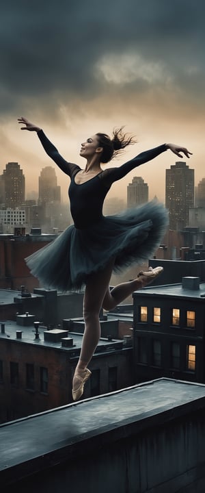 Dancing on the edge, an action shot of a professional ballet dancer mid-leap on a city rooftop at dusk, capturing the movement and grace, urban environment in a dynamic composition, masterpiece, realism,  moody, epic, gorgeous, suspenseful, highly detailed, dim light, 

darkart