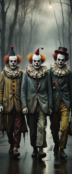 a group of ghoulish clowns walking down a gloomy street, masterpiece, realism, photography,  cinemascope, moody, eerie, unsettling, dark, spooky, suspenseful, grim, highly detailed, dim light, 

darkart, more detail XL