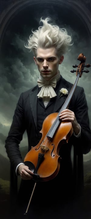 masterpiece, ultra realistic, extremely detailed, a Maestro presenting his violin, ghostly, sorrowful, fiddle, ethereal, dark lighting, monster manual art, dark cloudy background, creepy and dramatic atmosphere, detailed 8k horror artwork,

darkart