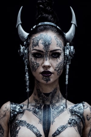 closeup of a woman with horns and tattoos on her body, portrait of a cyborg queen, cyborg fashion model, porcelain cyborg, cyborg - girl, beautiful cyborg priestess, cyborg woman, cyberpunk robotic elvish queen, cyborg girl, portrait of a cyborg, detailed portrait of a cyborg, ultra detailed female android, beautiful cyborg girl, beautiful female android