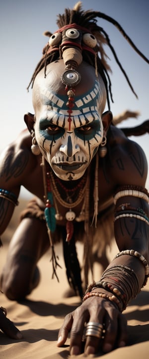 cinematic film still, witch doctor leaning over to the viewer, tribal, desert, voodoo ritual, depth of field, vignette, highly detailed, high budget, bokeh, cinemascope, moody, epic, eerie, grainy, More Reasonable Details