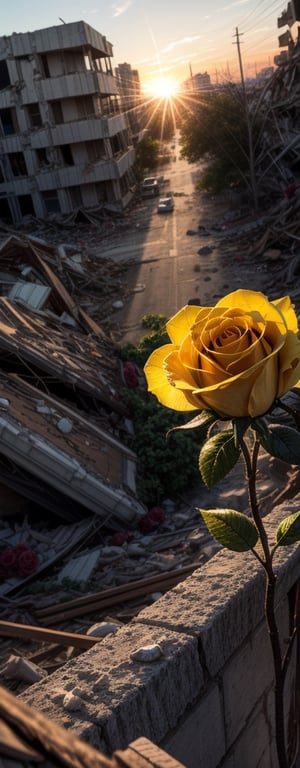 a lone yellow rose grows amidst the rubble and ruin of a destroyed city, a single (((yellow))) rose sprouts from the ground, entire height, complete figure, sunset, lens flare, bokeh, rubble scatter, realistic shadows, narrow DOF