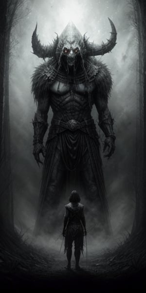 a warrior with a face covering helmet standing in front of a very tall monster, looking in the camera, monster is his allie, an ominous fantasy illustration, dark fantasy horror art, dark fantasy artwork, dark fantasy illustration, inspired by Beksinski, in style of dark fantasy art, dark fantasy style art, fantasy horror art, dark fantasy art, beksinski style, dark concept art, dark fantasy concept art, horror fantasy art, fantasy horror art, photorealistic dark concept art, in style of dark fantasy art, lich vecna (d&d), dark fantasy art, detailed 4k horror artwork, stefan koidl inspired, ((stefan koidl))