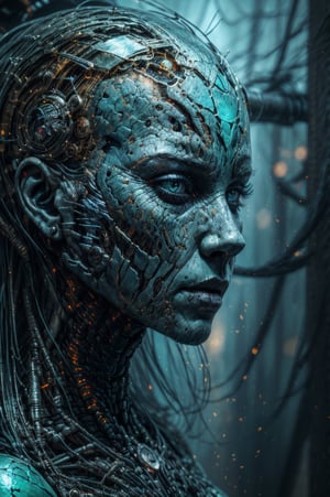 a close up of a woman with a blue face. head full of wires,  golden ratio, green color pallet, extremely detailed, 8k, cybernetic machine female face, intricate transhuman, broken beautiful female android!, portrait of a female android, cyborg - girl, humanoid woman, detailed face of an android, beautiful android woman, sci-fi android female, attractive sci - fi face, cyborg woman, horror fantasy art, fantasy horror art, photorealistic dark concept art, in style of dark fantasy art, lich vecna (d&d), dark fantasy art, detailed 4k horror artwork, stefan koidl inspired, ((stefan koidl))