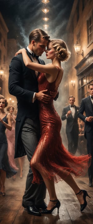 (side view:1.4), Dark art, detailed depiction of a couple dancing the Charleston in the 1930s, ominous atmosphere, contrasting shades, 8k, hdr, masterpiece, award-winning art, amazing lighting, hyperreal art, passion, love, surrender to the motion