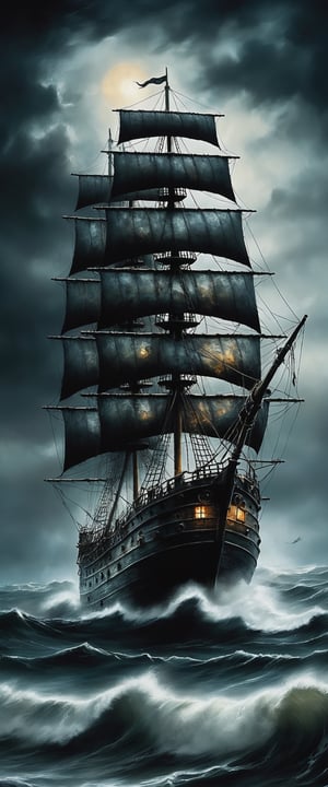 horror painting of the ghost ship The Flying Dutchman sailing in a stormy sea, with dramatic lighting and powerful waves, masterpiece, realism, cinemascope, moody, epic, gorgeous, dark, spooky, suspenseful, grim, highly detailed, dim light, 

darkart