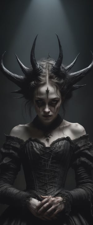 Masterpiece, photo realistic, dark concept art, a witch with a crown of horns, delicate, highly detailed, gothic theme aesthetics, 8K, Rembrandt lighting, darkart, monster