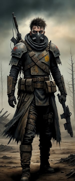 A portrait of a post-apocalyptic warrior with battle scars, armor, and weapons, standing in a desolate wasteland, in a detailed digital painting with gritty textures, inspired by the Mad Max franchise,  masterpiece, realism, cinemascope, moody, epic, gorgeous, film grain, grainy, eerie, unsettling, highly detailed, dim light