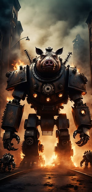 Horror cinematic film still, wide angle, giant pig robot, with precice gears, steam, rust, rampaging in a city,   fire, mayhem, bokeh, cinemascope, moody, epic, gorgeous, film grain, grainy, eerie, grim, highly detailed, dim light, 

detailmaster2