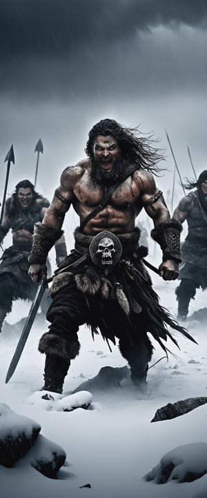 Barbarian raiders fighting enemies on a large tundra covered in snow, blizzard above, ready to attack, furious, pumped up, shouting, intricate creepy background, masterpiece, realism, photography,  cinemascope, moody, epic, gorgeous, suspenseful, grim, highly detailed, dim light, 

darkart