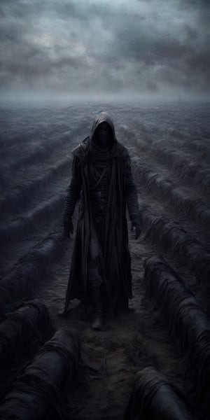 image of a man in a long black coat standing in a field of dead soldiers, yuri shwedoff and tom bagshaw, dark concept art, dark cinematic concept art, dramatic concept art, an ominous fantasy illustration, film still from movie dune-2021, dark soul concept, steel inquisitor from mistborn