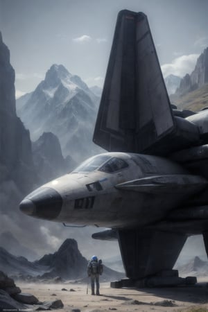 spaceship standing on an unknown planet, mountains in the background, detailed realistic spaceship, stefan koidl inspired, futuristic spaceship, spaceship concept art, borne space library artwork, award winning scifi art