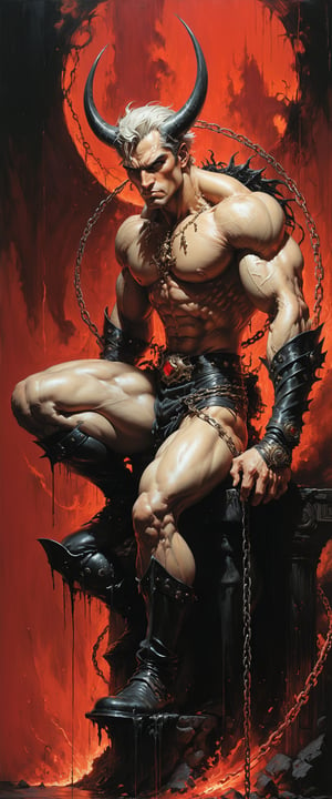 (side view:1.4), by Masamune Shirow, (masterpiece), The devil's apprentice sitting on his throne in hell, a slave chained, evil to the core, red, white, and black color scheme, gloomy, eerie, horror, highly detailed, cartoonish