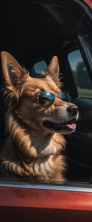 (side view:1.4), photography, a happy dog with sunglasses looking out the open window of a driving car, wind in hair, 8k, hdr, masterpiece, sun lighting, hyperreal