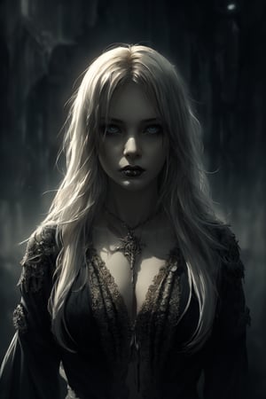 Epicrealism, a girl with a white tunic, half turn, gothic fashion, symbol details, extremely detailed image, satanism, occultism symbology, abstract atmosphere, surrealistic to the maximum, 4k definition, illustration, very detailed, desolation, depressive climate, gloomy, very little light, underworld with ancient details, pic cinematic brilliant, stunning intricate, meticulously detailed, dramatic atmospheric, maximalist digital matte painting, darkness, gloomy atmosphere, Hansruedi Giger llllolo art, Hansruedi Giger llllolo art, horror atmosphere, art gore, unpleasant,1 girl,Realistic