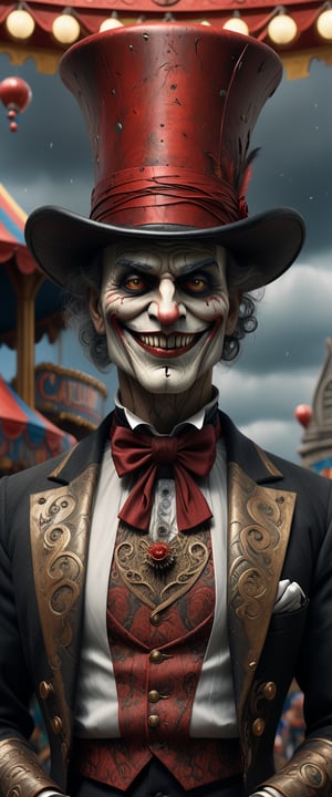 Digital Artwork, upper body shot, ultra detailed, a carnival figure with twisted features, a top hat, and a sinister smile. carnival reds, ominous blacks and unsettling whites. sinister and ominous, volumetric natural light, high resolution, 8k, super resolution, solo, outdoors, carnival background, thematic background