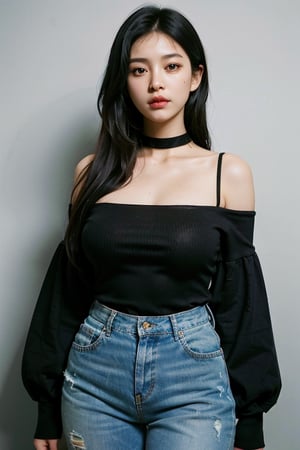 best quality, ultra high res, (photorealistic:1.4), 1girl, off-shoulder black shirt, short jeans, black choker, (faded ash gray hair:1), (huge breasts:1.2), looking at viewer, closeup, m4d4m, (sexy big tits),yuzu,yuyao, , , 
