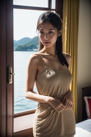 18 years old woman, good hand,
vintage short dress, (Sun Moon Lake:1.2), dim light, low light, indoor, medium shot, sensual, seductive, attractive, 
