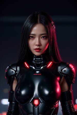 (masterpiece:1.2, best quality:1.2, beautiful, high quality, highres:1.1, aesthetic), detailed, extremely detailed, cowboy shot, ambient soft lighting, perfect eyes, perfect face, 1girl, thicc, long hair, hair ornament, normal breasts, black cybernetic, black cybernetic_enhancements, black cybernetic amor, spikes amor shoulder, red lighting small holes in the armor, looking at the viewer, above view, top view, slim body, futuristic cities, sexy pose, erotic pose, full_body, black, night time, blurry background 