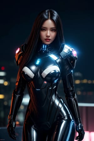 (masterpiece:1.2, best quality:1.2, beautiful, high quality, highres:1.1, aesthetic), detailed, extremely detailed, cowboy shot, ambient soft lighting, perfect eyes, perfect face, 1girl, thicc, long hair, hair ornament, normal breasts, black cybernetic, black cybernetic_enhancements, black cybernetic amor, spikes amor shoulder, looking at the viewer, above view, top view, slim body, futuristic cities, sexy pose, erotic pose, full_body, black, night time