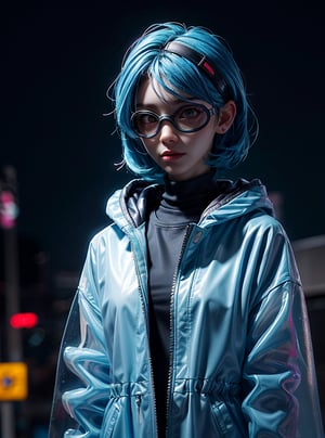 3DMM, 1girl, cyberpunk white transparent raincoat, cyberpunk goggles, sci-fi goggles, cyberpunk city background, rainy night, neon background, ultra realistic, 4k, hdr, ultra high resolution, 8k, cyberpunk city street background, transparent cyberpunk clear goggles, short hair, blue hair, cyberpunk design raincoat 