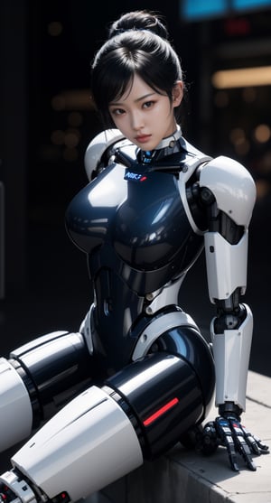 Chun-li, streetfighter 6, spiked bracelets, thicc thighs, chun, streetfighter style, centered, upper body, masterpiece, | 1girl, solo, beautiful face, pale skin, (black hair), medium hair, full body, robotic legs, robotics arms, robotic body, robotic hands, futiristic, robotic, mechanical, armored, sitting, pure face, (black robotic body), mecha, | bokeh, depth of field, vaporwave colors scheme, | 