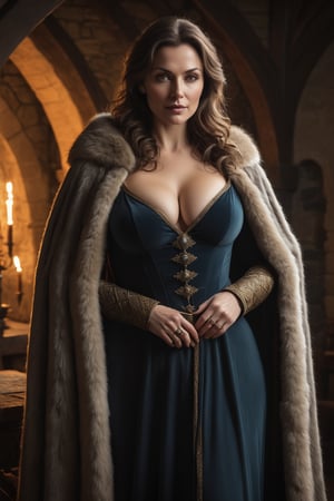 Masterpiece, highres, best quality, ultra detailed, soft lighting, 45-years old women, ((named manviera stark)), in medieval cloak, fur, gorgeous face, medieval room, (seductive pose:1.4), (norrow waist:1.5), (large hips:1.3), medieval nuance,Mature Female,p3rfect boobs, cleavage, ,more detail XL, medieval fantasy styles, 
