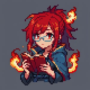 A girl, Red hair, Ponytail hair, messy hair, eyeglasses, blue cape robe, dark blue shirt, holding flaming books, Fire particles, good Lightings, good ambient 