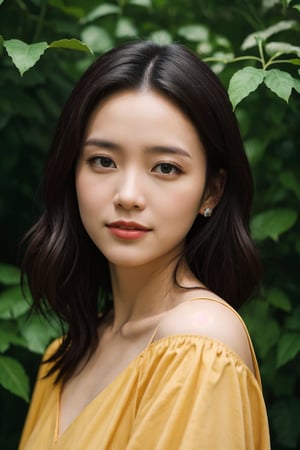 A beautiful Myanmar model wearing red and yellow dress, happy innocent face, enjoying the nature sharp eyes, sharp details, long wavy black hair, waist level photograph, setting should be in a lush green garden, detailed face, nikon, hasselblad, 35mm, F/ 1. 4, 4K, photojournalism, busy background, volumetric lighting, art photography in the style of MK Slowinski, Alexey Kazantsev