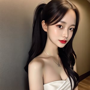 best quality, raw photo, fully photo, uhd, 1girl, solo, small breasts, document, necklace, cleavage, long hair, black hair, long_ponytail, seductive, black white gradient evening gown, showing hand, lady, standing, erotic pose, pore, looking at viewer, detailed background, white skin, highres, hdr, intricate detail