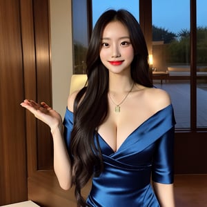 best quality, raw photo, fully photo, smiling, courtesy, uhd, 1girl, solo, small breasts, holding laptop on hand, document, necklace, cleavage, long hair tail, black hair, seductive, blue evening gown, showing hand, lady, standing, erotic pose, pore, looking at viewer, detailed background, white skin, highres, hdr, intricate detail