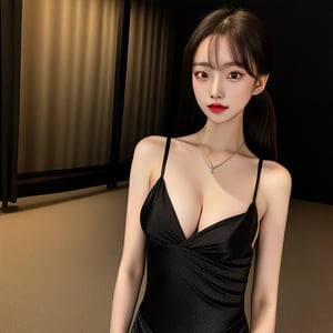 best quality, raw photo, fully photo, uhd, 1girl, solo, small breasts, document, necklace, cleavage, long hair, black hair, long_ponytail, seductive, black gradient evening gown, showing hand, lady, standing, erotic pose, pore, looking at viewer, detailed background, white skin, highres, hdr, intricate detail