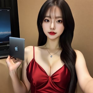 best quality, raw photo, fully photo, courtesy, uhd, 1girl, solo, small breasts, holding laptop, document, necklace, cleavage, long hair tail, black hair, seductive, red evening gown, showing hand, lady, standing, erotic pose, pore, looking at viewer, detailed background, white skin, highres, hdr, intricate detail