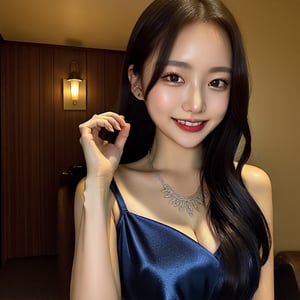 best quality, raw photo, fully photo, smiling, courtesy, uhd, 1girl, solo, small breasts, document, necklace, cleavage, long hair, black hair, long_ponytail, seductive, blue black gradient evening gown, showing hand, lady, standing, erotic pose, pore, looking at viewer, detailed background, white skin, highres, hdr, intricate detail