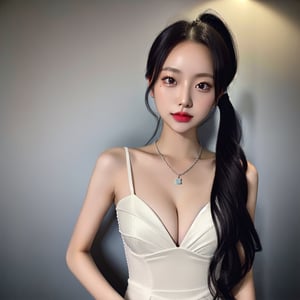 best quality, raw photo, fully photo, uhd, 1girl, solo, small breasts, document, necklace, cleavage, long hair, black hair, long_ponytail, seductive, black white gradient evening gown, showing hand, lady, standing, erotic pose, pore, looking at viewer, detailed background, white skin, highres, hdr, intricate detail