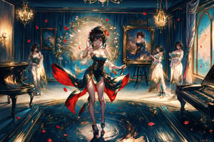 A women playing a musical instrument, wearing prompt dress, slit dress, beautiful look, music room, wind flowing from the window, petals floating around her, heels, full body image, long hair fluttering, playing music instrument focusedily, long black hair, 300 DPI, HD, 8K, Best Perspective, Best Lighting, Best Composition, Good Posture, High Resolution, High Quality, 4K Render, Highly Denoised, Clear distinction between object and body parts, Masterpiece, Beautiful face, 
Beautiful body, smooth skin, glistening skin, highly detailed background, highly detailed clothes, 
highly detailed face, beautiful eyes, beautiful lips, cute, beautiful scenery, gorgeous, beautiful clothes,