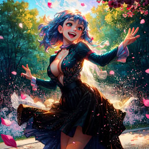 A woman strolls along the road, where vibrant red petals cascade from the trees lining the path. With each step, she revels in the beauty surrounding her, her spirits lifted by the whimsical dance of the falling petals. Clad in a flowing, elegant long skirt dress, she radiates joy, her laughter echoing through the air as she gracefully jumps and twirls amidst the enchanting shower of red. In this moment, she embraces the sheer bliss of life, cherishing every fleeting second of the magical scene unfolding around her.

300 DPI, HD, 8K, Best Perspective, Best Lighting, Best Composition, Good Posture, High Resolution, High Quality, 4K Render, Highly Denoised, Clear distinction between object and body parts, Masterpiece, Beautiful face, 
Beautiful body, smooth skin, glistening skin, highly detailed background, highly detailed clothes, 
highly detailed face, beautiful eyes, beautiful lips, cute, beautiful scenery, gorgeous, beautiful clothes, best lighting, cinematic , great colors, great lighting, masterpiece, Good body posture, proper posture, correct hands, 
correct fingers, right number of fingers, clear image, face expression should be good, clear face expression, correct face , correct face expression, better hand position, realistic hand position, realistic leg position, no leg deformed, 
perfect posture of legs, beautiful legs, perfectly shaped leg, leg position is perfect,SAM YANG,KoboKanaeru,

panty_flash, panty_shot,  breast clevage, clevage, sexy women, hot women, ,hmochako