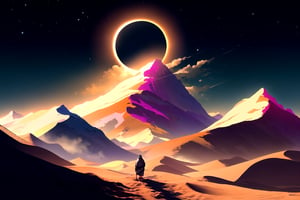a man standing at the desert peak in the horizon, there is a beautiful eclipse going on at the moment and the man is gazing at it, beautiful desert landscape with eclipse in the sky, fill night time in desert making it seem magical.

A digital art piece of a man standing at a desert peak, his silhouette visible as he gazes at a mesmerizing eclipse. The landscape features expansive sand dunes, rocky outcrops, and the night sky filled with stars. The eclipse casts a magical glow over the scene. Night time setting with vibrant lighting effects creating a surreal atmosphere. Created using: advanced digital painting tools, photorealistic rendering, hyperrealism style, astrophotography influence, complex lighting setup, detailed textures, hd quality, natural look.


HD, 8K, Best Perspective, Best Lighting, Best Composition, Good Posture, High Resolution, High Quality, 4K Render, Highly Denoised, Clear distinction between object and body parts, Masterpiece, Beautiful face, 
Beautiful body, smooth skin, glistening skin, highly detailed background, highly detailed clothes, 
highly detailed face, beautiful eyes, beautiful lips, cute, beautiful scenery, gorgeous, beautiful clothes, best lighting, cinematic , great colors, great lighting, masterpiece, Good body posture, proper posture, correct hands, 
correct fingers, right number of fingers, clear image, face expression should be good, clear face expression, correct face , correct face expression, better hand position, realistic hand position, realistic leg position, no leg deformed, 
perfect posture of legs, beautiful legs, perfectly shaped leg, leg position is perfect, proper hand posture, no hand deformation, no weird palm angle, no unnatural palm posture, no fingers sticking to each other, clear different between fingers of the hand,
no deformed arm, better posture for arms, perfect arms, realistic arms, correct length of fingers, perfect length fingers, stunning look, use of fibonacci in the art, no unrealistic fingers, ankle of arms should be correct, 
ankle of hand shoud be correct, hand ankle should not be unrealistic, perfect hand ankle, good posture for hand ankle, smooth posture for hand ankle, 

eclipse, Silhouette, correct_anatomy, correct size of human and desert, human small comapred to desert, very small human, 