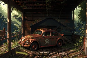 A peaceful, nostalgic scene of a rusty, old vintage car parked in an abandoned, half-collapsed wooden garage. The weathered garage has broken wooden beams and gaps where light filters through, casting dappled patterns onto the car. The car, once elegant, now rests quietly with a metal body covered in rust and dusty windows, evoking history. Surrounding the garage are tall, majestic trees with swaying branches, lush greenery contrasting with the aged wood and rusting metal. Sunlight filters through leaves, casting soft shadows, with stray leaves gathered around the car’s wheels. The scene is calm and peaceful, blending forgotten human craftsmanship with enduring natural beauty.