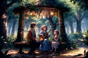 "A charming scene unfolds beneath a large, ancient tree where a group of singers sits in a casual circle, performing harmoniously for passersby. The tree's sprawling branches create a natural canopy, providing shade and a peaceful atmosphere in the warm daylight. The singers, dressed in colorful, relaxed attire, hold instruments like guitars and tambourines as they sing with joy and passion, their voices blending beautifully. Around them, people stroll by—some pause to listen, captivated by the music, while others continue on their way, occasionally glancing over with a smile. A few listeners sit on blankets nearby, enjoying the impromptu performance, while children play around the scene. The environment feels alive with a sense of community and warmth, as the group sings beneath the towering tree, its leaves rustling gently in the breeze, adding a natural rhythm to their song."