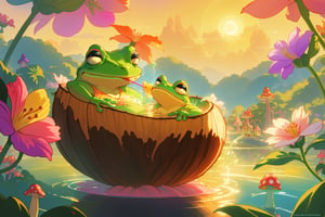 A whimsical, cute scene of a relaxed frog reclining comfortably in a large coconut shell filled with warm, steamy water. The frog sips brightly colored juice through a straw, eyes half-closed in pure bliss, its little legs dangling over the edges. The coconut shell floats in a playful, serene fantasy setting surrounded by oversized tropical flowers, lush greenery, and tiny glowing fireflies. The warm light of a setting sun casts a golden glow, while the background features a dreamy landscape with softly glowing trees, colorful mushrooms, and mystical hills. The scene radiates calm and joy, with the frog fully immersed in its carefree world.