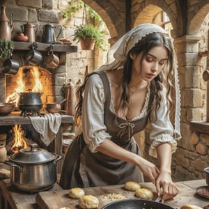A detailed illustration of a woman cooking in a medieval European kitchen, wearing a woolen kirtle and linen coif, chopping vegetables on a wooden table. The background shows stone walls, iron pots hanging over a large fireplace, and a rough-hewn wooden ceiling. Light from the fireplace illuminates the scene with a warm, golden glow. Created Using: Wacom Cintiq, Gothic art influences, textured brushes, high contrast shading, historical material accuracy, detailed background, immersive atmosphere.


HD, 8K, Best Perspective, Best Lighting, Best Composition, Good Posture, High Resolution, High Quality, 4K Render, Highly Denoised, Clear distinction between object and body parts, Masterpiece, Beautiful face, 
Beautiful body, smooth skin, glistening skin, highly detailed background, highly detailed clothes, 
highly detailed face, beautiful eyes, beautiful lips, cute, beautiful scenery, gorgeous, beautiful clothes, best lighting, cinematic , great colors, great lighting, masterpiece, Good body posture, proper posture, correct hands, 
correct fingers, right number of fingers, clear image, face expression should be good, clear face expression, correct face , correct face expression, better hand position, realistic hand position, realistic leg position, no leg deformed, 
perfect posture of legs, beautiful legs, perfectly shaped leg, leg position is perfect, proper hand posture, no hand deformation, no weird palm angle, no unnatural palm posture, no fingers sticking to each other, clear different between fingers of the hand,
no deformed arm, better posture for arms, perfect arms, realistic arms, correct length of fingers, perfect length fingers, stunning look, use of fibonacci in the art, no unrealistic fingers, ankle of arms should be correct, 
ankle of hand shoud be correct, hand ankle should not be unrealistic, perfect hand ankle, good posture for hand ankle, smooth posture for hand ankle, 

ancient_kitchen, medivel_kitchen, european,village_girl, stand on ground, good posture, stand and working, working women, straight legs, women_cooking_food, 