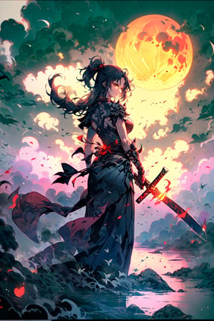 Beneath the crimson embrace of a full red moon, a scarlet river flowed through the night, its waters reflecting the celestial fire above. Amid this haunting landscape, a lone female warrior stood resolute, her silhouette stark against the ethereal glow.

She was a fierce and battle-worn champion, her armor adorned with the scars of countless clashes. Her eyes, like molten steel, burned with determination, as she surveyed the field of fallen foes that lay beneath her feet, a haunting testament to her unwavering strength.

The sword she clutched in her weary but powerful hand glistened with the blood of her enemies, its blade an extension of her indomitable spirit. With each heartbeat, it pulsed with the memories of the battles it had witnessed, a living relic of her might as a warrior.

Her long, raven-black hair cascaded down her back, a stark contrast to the pale moonlight. The soft strands framed her face, which bore the scars of a thousand battles but retained a haunting beauty, an allure that defied the carnage she had wrought. Her brows were furrowed in a mix of exhaustion and pride, her lips curved into a half-smile that spoke of hard-fought victories.

This female warrior, illuminated by the otherworldly red moon, stood as a symbol of resilience and strength. Her very presence in that crimson night was a testament to her unwavering determination to protect what she held dear and to stand tall, even when surrounded by the haunting echoes of the fallen. 300 DPI, HD, 8K, Best Perspective, Best Lighting, Best Composition, Good Posture, High Resolution, High Quality, 4K Render, Highly Denoised, Clear distinction between object and body parts, Masterpiece, Beautiful face, 
Beautiful body, smooth skin, glistening skin, highly detailed background, highly detailed clothes, 
highly detailed face, beautiful eyes, beautiful lips, cute, beautiful scenery, gorgeous, beautiful clothes,wang yuanji,Mooning,moonriver, fix her hand position