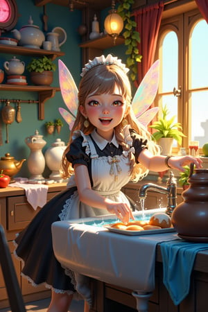 A charming and whimsical scene of a cute fairy maid, small and delicate with fluttering translucent wings shimmering in pastel blues and purples, hovering a few inches above the ground in a cozy, magical kitchen. She wears an adorable maid outfit—a tiny black and white dress with a lace-detailed apron, fluttering skirt, and dainty bow at her collar. Engaged in chores like washing dishes in an oversized sink, the kitchen features magical, oversized utensils and enchanted items like glowing jars and floating teacups. Warm, soft lighting from hanging lanterns and sunlight streaming through a window, with rustic wooden furniture and vibrant details like potted herbs and colorful ingredients. The fairy's expression is cheerful focus, her large eyes filled with joy as she hums a soft tune, gracefully managing her tasks with tiny hands.