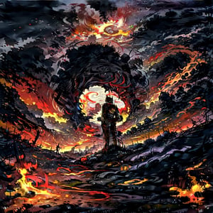 [1] A young boy, solemn and defiant, dressed in a sharply tailored suit, standing amidst the fiery and chaotic landscape of hell,
[2] The boy's suit is charcoal black, and it contrasts starkly with the flames and the infernal surroundings,
[3] The environment is a nightmarish realm with towering flames, twisting spires, and grotesque demons lurking in the shadows,
[4] The atmosphere is one of eerie calmness amidst the chaos, with an undertone of determination,
[5] Style: Dark Fantasy Illustration,
[6] Realization: Creating a digital illustration with intricate details of hell's landscape and the boy's defiant expression, Sketch,EpicArt