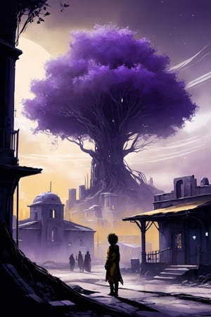 In a digital illustration reminiscent of Tim Burton's whimsical style, a solitary tree stands tall amid a city consumed by dust. The branches curl like tendrils, casting playful shadows on dilapidated buildings. A surreal palette of dark purples and muted yellows adds an otherworldly charm to the scene. The characters in the illustration wear expressions of melancholic wonder as they navigate the dusty urban landscape.

300 DPI, HD, 8K, Best Perspective, Best Lighting, Best Composition, Good Posture, High Resolution, High Quality, 4K Render, Highly Denoised, Clear distinction between object and body parts, Masterpiece, Beautiful face, 
Beautiful body, smooth skin, glistening skin, highly detailed background, highly detailed clothes, 
highly detailed face, beautiful eyes, beautiful lips, cute, beautiful scenery, gorgeous, beautiful clothes, best lighting, cinematic , great colors, great lighting, masterpiece, Good body posture, proper posture, correct hands, 
correct fingers, right number of fingers, clear image, face expression should be good, clear face expression, correct face , correct face expression, better hand position, No unrealistic hand position, ,Star,science fiction,Forest ,2d game scene
