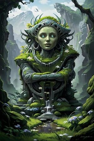 Concept: The head of a statue crumbled and fallen into a valley, gradually covered in moss. Flowers bloom beside the fractured sculpture, transforming the valley into a lush green paradise.

Art Form: Digital Illustration

Inspiration: H.R. Giger

Scene: Giger's surreal and dark aesthetic twists the valley into an otherworldly realm, blending organic decay with biomechanical elements, creating a haunting beauty.

Color Temperature: Cool grays and eerie greens

Facial Expressions: Alien tranquility

Lighting: Stark contrasts

Atmosphere: Eerie and mysterious

300 DPI, HD, 8K, Best Perspective, Best Lighting, Best Composition, Good Posture, High Resolution, High Quality, 4K Render, Highly Denoised, Clear distinction between object and body parts, Masterpiece, Beautiful face, 
Beautiful body, smooth skin, glistening skin, highly detailed background, highly detailed clothes, 
highly detailed face, beautiful eyes, beautiful lips, cute, beautiful scenery, gorgeous, beautiful clothes, best lighting, cinematic , great colors, great lighting, masterpiece, Good body posture, proper posture, correct hands, 
correct fingers, right number of fingers, clear image, face expression should be good, clear face expression, correct face , correct face expression, better hand position, realistic hand position, realistic leg position, no leg deformed, 
perfect posture of legs, beautiful legs, perfectly shaped leg, leg position is perfect,

,2d game scene,James Gilleard