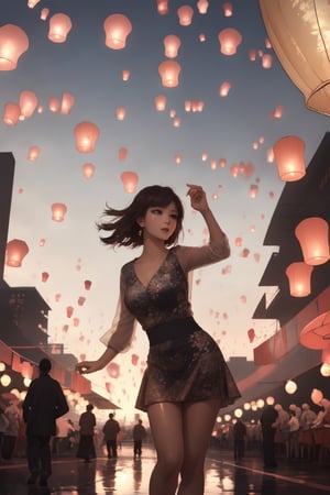 Illustrated with precision, fire lanterns dance skyward amidst a city's festival in this captivating scene. Drawing inspiration from the digital illustration style of Syd Mead, futuristic skyscrapers stand tall in the background. The color temperature leans towards cool tones, creating a dreamlike ambiance. Delightful expressions on people's faces below evoke a sense of unity and celebration.

300 DPI, HD, 8K, Best Perspective, Best Lighting, Best Composition, Good Posture, High Resolution, High Quality, 4K Render, Highly Denoised, Clear distinction between object and body parts, Masterpiece, Beautiful face, 
Beautiful body, smooth skin, glistening skin, highly detailed background, highly detailed clothes, 
highly detailed face, beautiful eyes, beautiful lips, cute, beautiful scenery, gorgeous, beautiful clothes, best lighting, cinematic , great colors, great lighting, masterpiece, Good body posture, proper posture, correct hands, 
correct fingers, right number of fingers, clear image, face expression should be good, clear face expression, correct face , correct face expression, better hand position, realistic hand position, realistic leg position, no leg deformed, 
perfect posture of legs, beautiful legs, perfectly shaped leg, leg position is perfect,

,sky lantern,yofukashi background