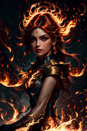 A fighter harnessing control over fire in a mesmerizing display of power, depicted through a digital illustration inspired by the dynamic energy of Alex Andreev's artwork. The scene unfolds in a darkened arena, illuminated by the vibrant flames surrounding the fighter. A warm color temperature intensifies the fiery ambiance, casting shadows that dance across the intense expression on the fighter's face. The lighting accentuates the contrast between the flickering flames and the determined gaze of the protagonist, creating a captivating atmosphere of both danger and mastery.

300 DPI, HD, 8K, Best Perspective, Best Lighting, Best Composition, Good Posture, High Resolution, High Quality, 4K Render, Highly Denoised, Clear distinction between object and body parts, Masterpiece, Beautiful face, 
Beautiful body, smooth skin, glistening skin, highly detailed background, highly detailed clothes, 
highly detailed face, beautiful eyes, beautiful lips, cute, beautiful scenery, gorgeous, beautiful clothes, best lighting, cinematic , great colors, great lighting, masterpiece, Good body posture, proper posture, correct hands, 
correct fingers, right number of fingers, clear image, face expression should be good, clear face expression, correct face , correct face expression, better hand position, realistic hand position, realistic leg position, no leg deformed, 
perfect posture of legs, beautiful legs, perfectly shaped leg, leg position is perfect , 
,Ember-toned skin,fireastrologystyle