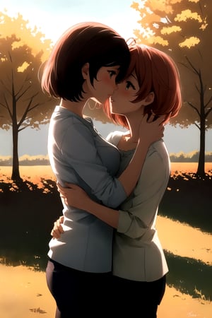 An illustration of two girls locked in a heartfelt embrace, reminiscent of Norman Rockwell's emotive style. The scene is set against a backdrop of autumn foliage, with rich, earthy tones highlighting the warmth of their connection. Delicate detailing captures the sincerity in their expressions, conveying a sense of friendship and comfort 

300 DPI, HD, 8K, Best Perspective, Best Lighting, Best Composition, Good Posture, High Resolution, High Quality, 4K Render, Highly Denoised, Clear distinction between object and body parts, Masterpiece, Beautiful face, 
Beautiful body, smooth skin, glistening skin, highly detailed background, highly detailed clothes, 
highly detailed face, beautiful eyes, beautiful lips, cute, beautiful scenery, gorgeous, beautiful clothes, best lighting, cinematic , great colors, great lighting, masterpiece, Good body posture, proper posture, correct hands, 
correct fingers, right number of fingers, clear image, face expression should be good, clear face expression, correct face , correct face expression, better hand position, unrealistic hand position, 

,povbreastgrab,2girls,hug,gscg